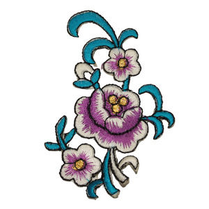 Three 3 Flowers Purple White Blue Embroidered Iron On Applique Patch Vintage